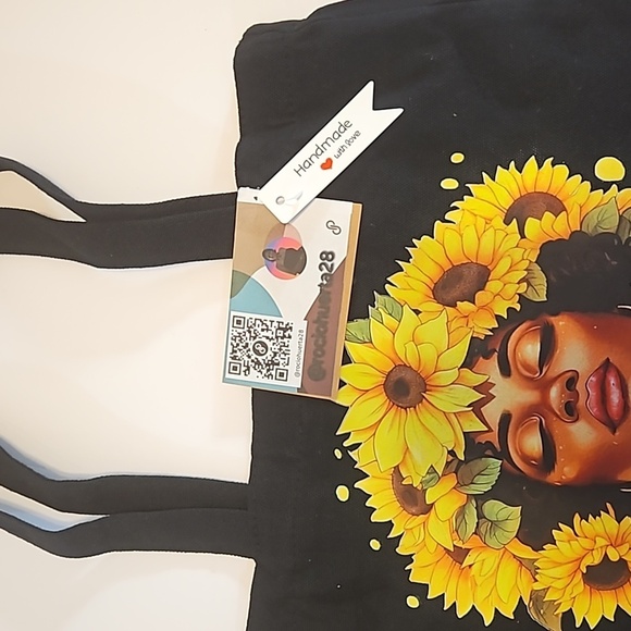 Hand Crafred Reusable Tote Bag Sunflower Motif Black Canvas Bag Multicolored 13" - Picture 11 of 17